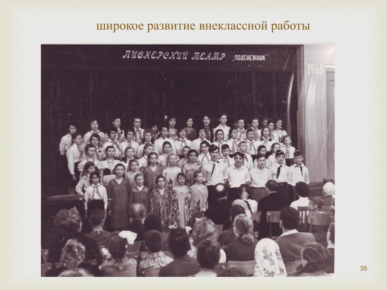 широкое развитие внеклассной работы.
ПИОНЕРСКИЙ ТЕАТР «ПОДСНЕЖНИК». 1963.