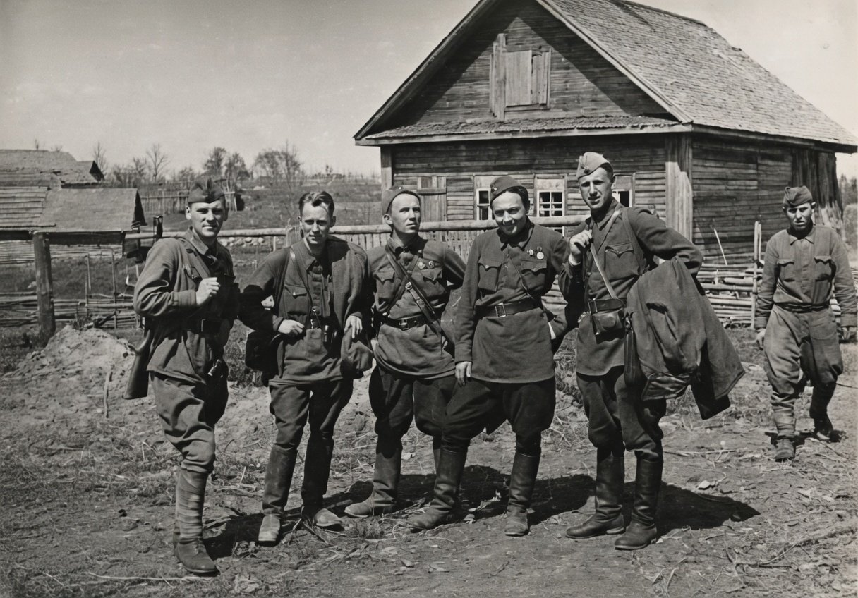 Групповой портрет военных корреспондентов на Северо-Западном фронте в районе Молвотицы, 1942 год. В кадре: Н. Кубеев, С. Коршунов, С. Лоскутов, А. Исбах и В. Шаровский.